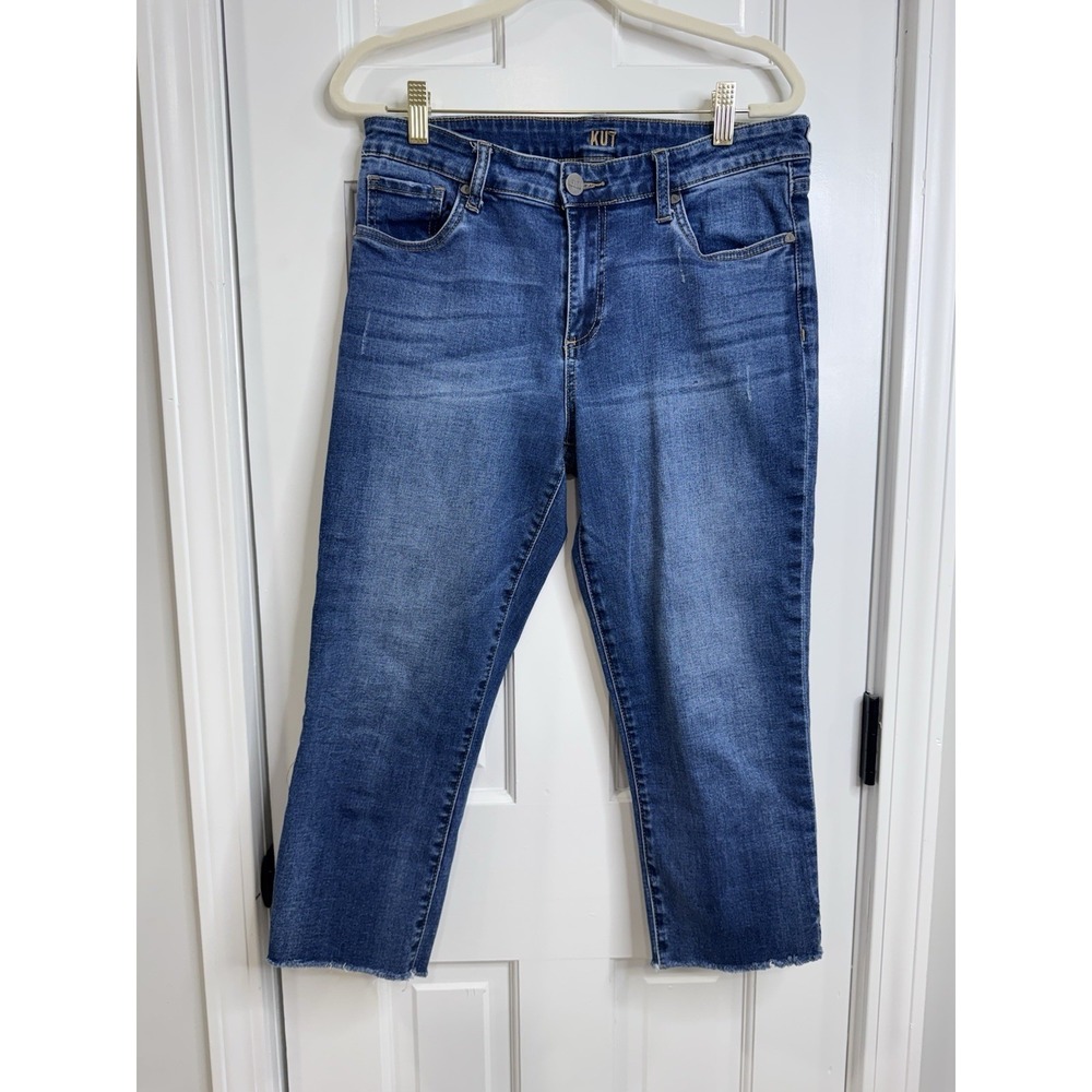 Kut From The Kloth Crop Skinny Jeans Womens 10 Blue Mid Wash Raw Hem Stretch
